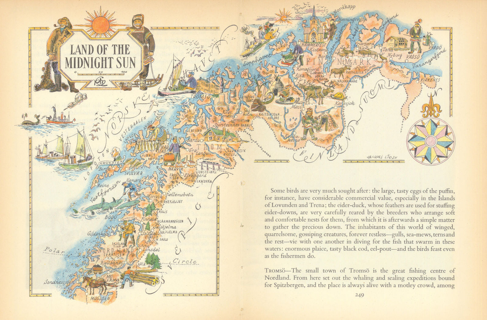 Land of the Midnight Sun small pictorial map by Jacques Liozu. Norway 1952
